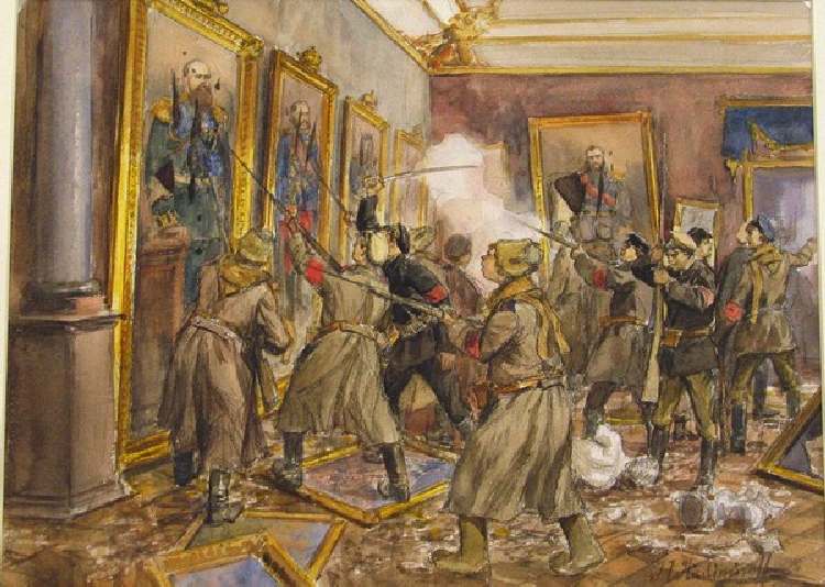 Eine Szene im Winterpalast im Dezember 1918 (Aus der Aquarellserie Russische Revolution) von Iwan Alexejewitsch Wladimirow