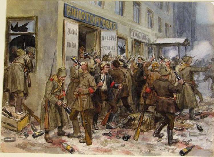 Revolutionäre Arbeiter und Soldaten plündern ein Weinladen in Petrograd (Aus der Aquarellserie Russi von Iwan Alexejewitsch Wladimirow
