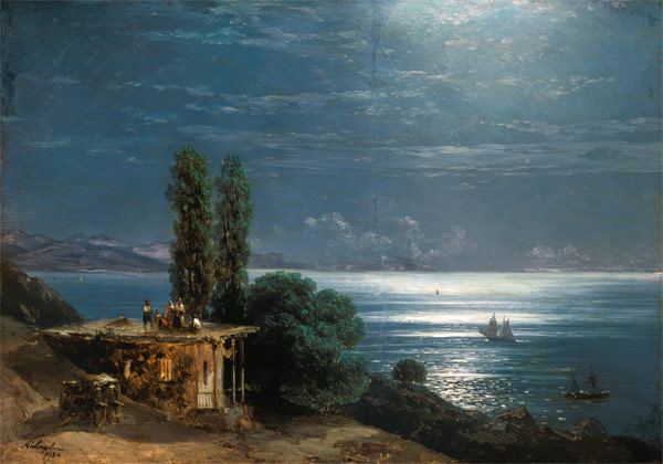 Abendlandschaft am Meer mit erleuchteter Villa. von Iwan Konstantinowitsch Aiwasowski