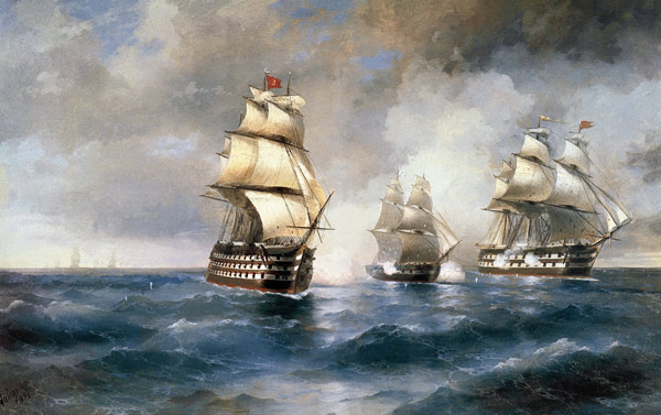 Brigg "Merkur" kämpft mit zwei türkischen Schiffe am 14. Mai 1829 von Iwan Konstantinowitsch Aiwasowski