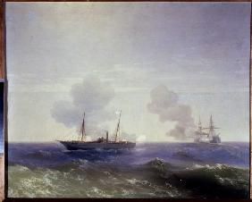 Die Seeschlacht zwischen dem russischen Kreuzer Vesta und dem türkischen Schiff Fethi Bulend im Schw 1877
