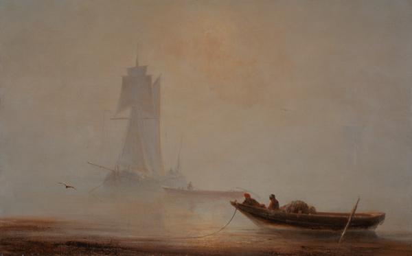 Fischerboot an der Küste in der Morgendämmerung 1854
