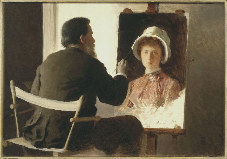 Kramskoi malt ein Porträt seiner Tochter von Iwan Nikolajewitsch Kramskoi