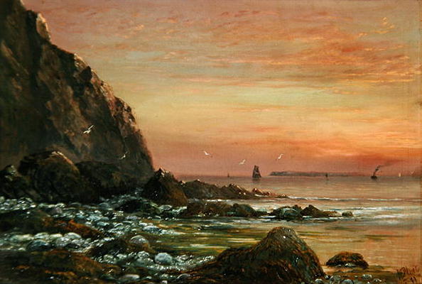 Seascape with Cliff at Sunset, 1889 (oil on canvas) von J. H. Blunt