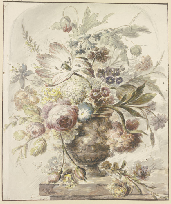 Blumenstrauß in einer Vase mit Basrelief, links hängen zwei Rosenknospen herab von J. H. van Loon
