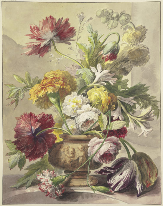 Blumenstrauß in einer Vase mit Basrelief von Mohn, Rosen, Tulpen, quer über der Vase hängt eine gekn von J. H. van Loon