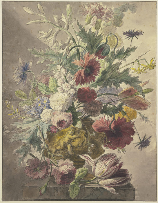 Blumenstrauß in einer Vase mit Basrelief, vorne liegt eine Rose und eine Tulpe von J. H. van Loon