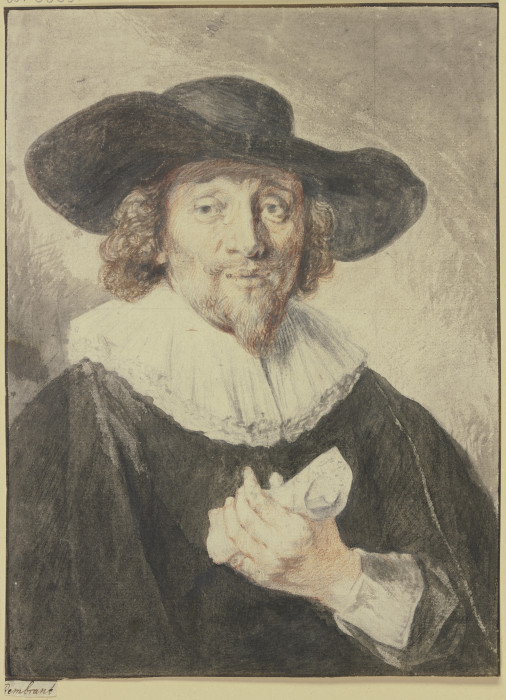 Brustbild eines schwarz gekleideten Mannes, er hat den Hut auf dem Kopf und eine Papierrolle in der  von Jacob Adriaensz. Backer