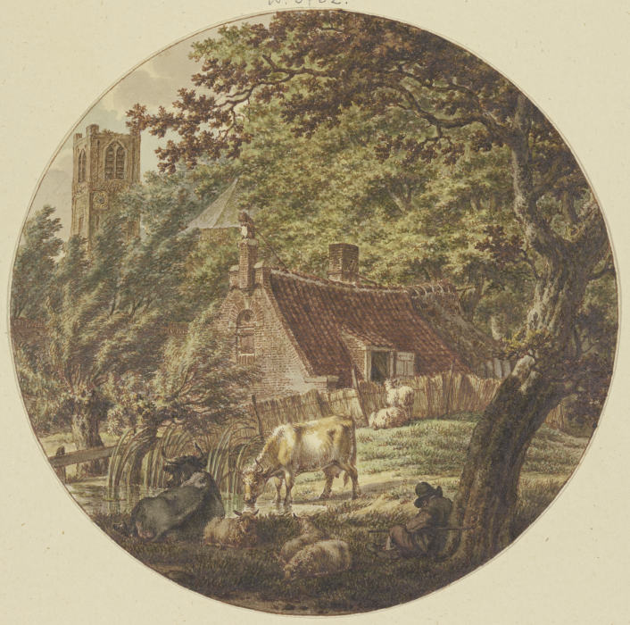 Hütte im Walde mit einigem Vieh, links ein Kirchturm von Jacob Cats