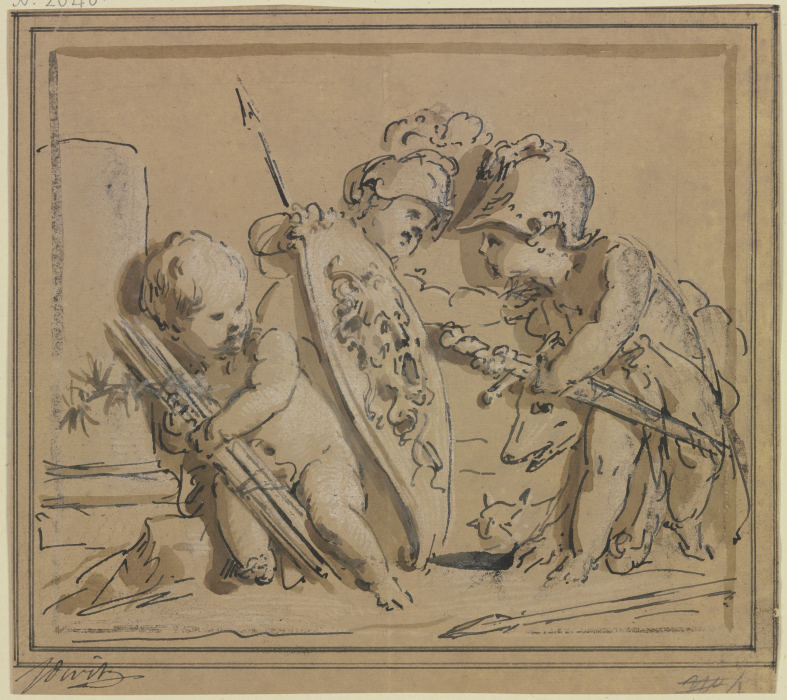 Drei Amoretten, mit Waffen spielend von Jacob de Wit