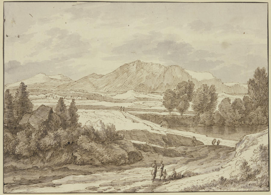 Ebene vor dem Gebirge, rechts ein See, auf dem Weg verschiedene Figuren von Jacob Esselens
