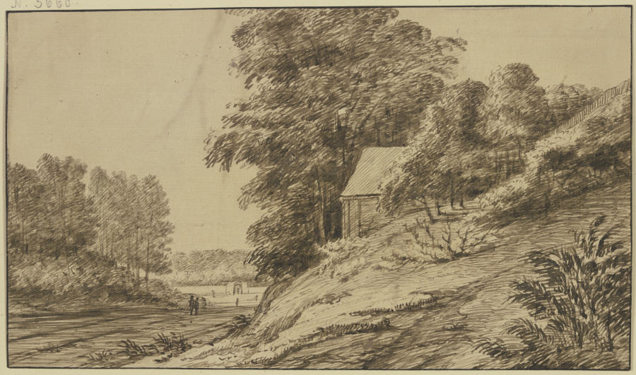 Landstraße durch den Wald, rechts unter hohen Bäumen auf einem Abhang eine Hütte von Jacob Esselens