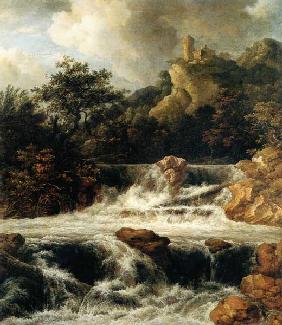 Wasserfall mit Bergschloss um 1665