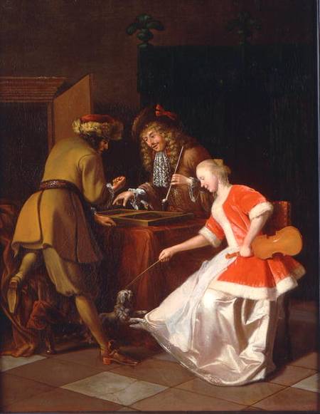 Tric-trac Players with a Lady and Her Dog von Jacob Ochtervelt