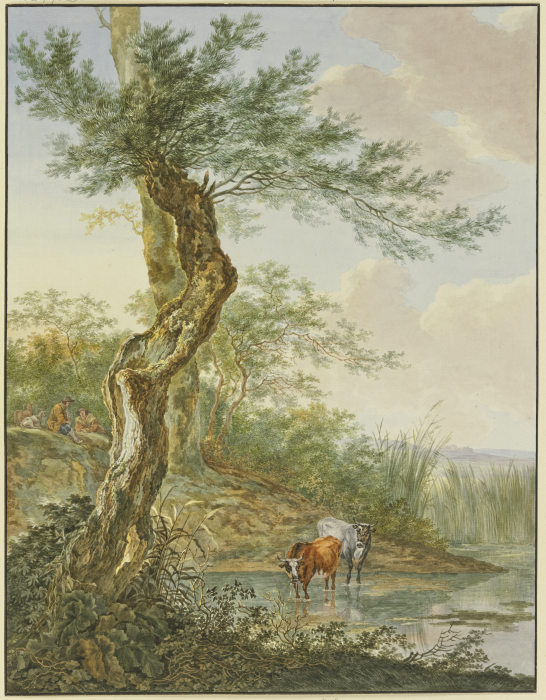 Landschaft mit Wasser, daran ein alter Weidenbaum, im Wasser zwei Kühe von Jacob Perkois