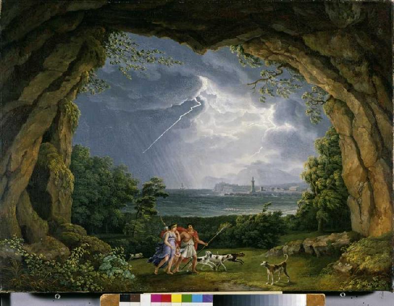Aeneas und Dido flüchten vor dem Unwetter in eine Grotte von Jacob Philipp Hackert