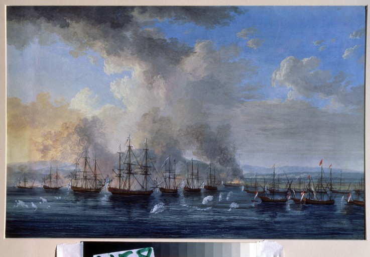Die russisch-türkische Seeschlacht bei der Festung Damietta 1770 von Jacob Philipp Hackert
