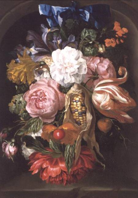 Still Life with a Swag of Fruit and Flowers hanging in a Niche von Jacob Rootius