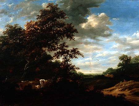 A Wooded Landscape with Cattle von Jacob Salomonsz. Ruysdael