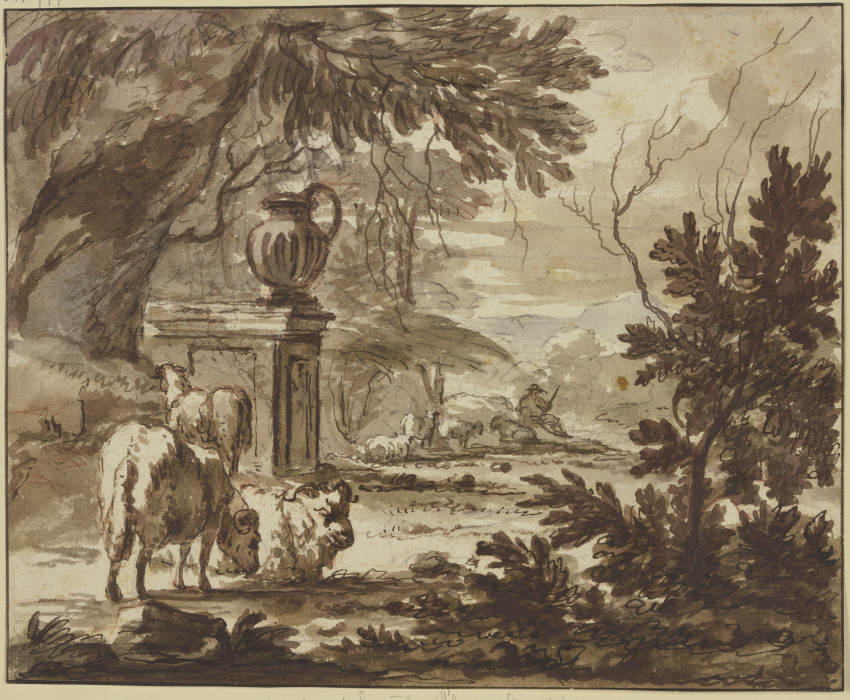 Bei einem Monument mit einer großen Vase ein Hirte mit Schafen von Jacob van der Does d. Ä.