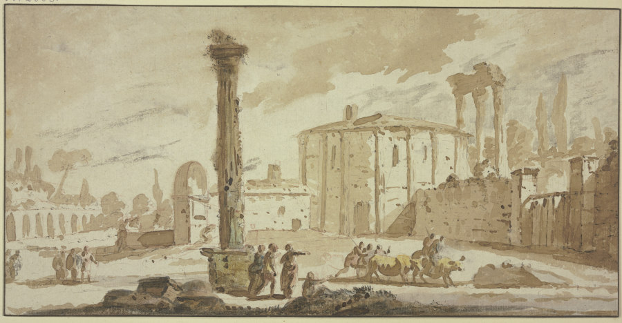 Von Ruinen umstandener Platz mit einer frei stehenden Säule, die Rotunde dem Tempel des Hercules Vic von Jacob van der Ulft