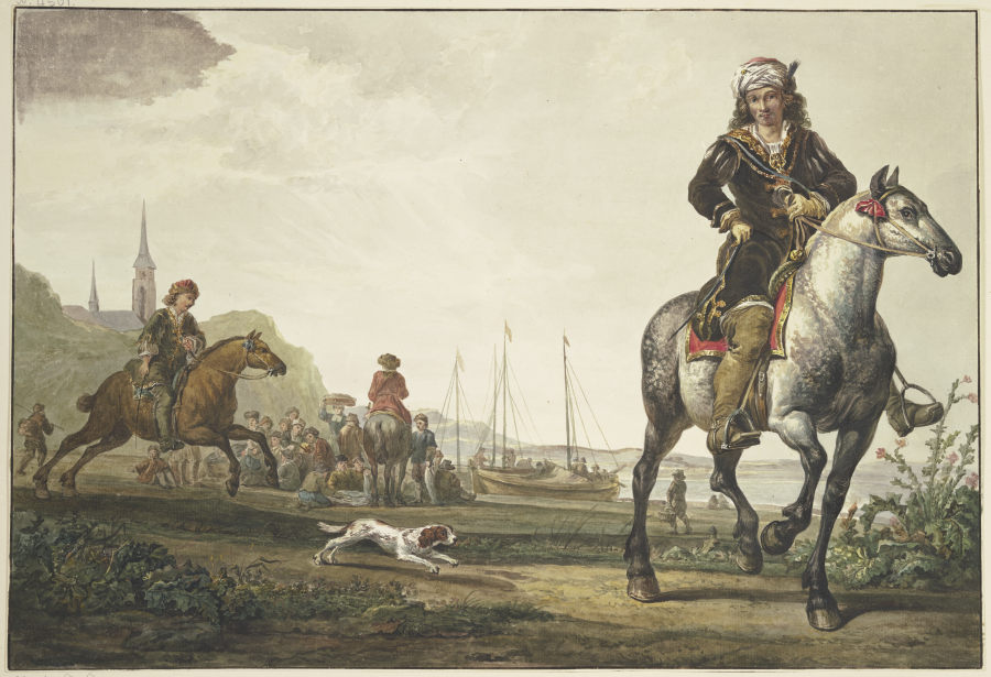 Am Ufer eines Flußes sitzt viel Volk bei den Schiffen, vorne rechts ein reich gekleideter Reiter mit von Jacob van Strij