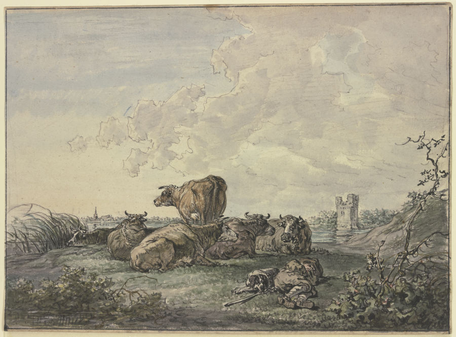 Schlafender Hirte und Rinderherde in einer Landschaft von Jacob van Strij