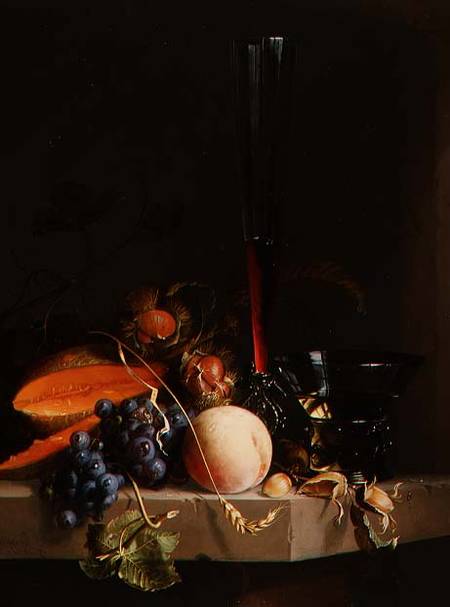 Still life of fruit on a ledge with a roemer and a wine glass von Jacob van Walscapelle