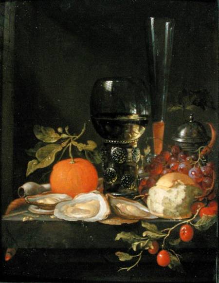 Still Life of Oysters, Grapes, Bread and Glasses on a Ledge von Jacob van Walscapelle