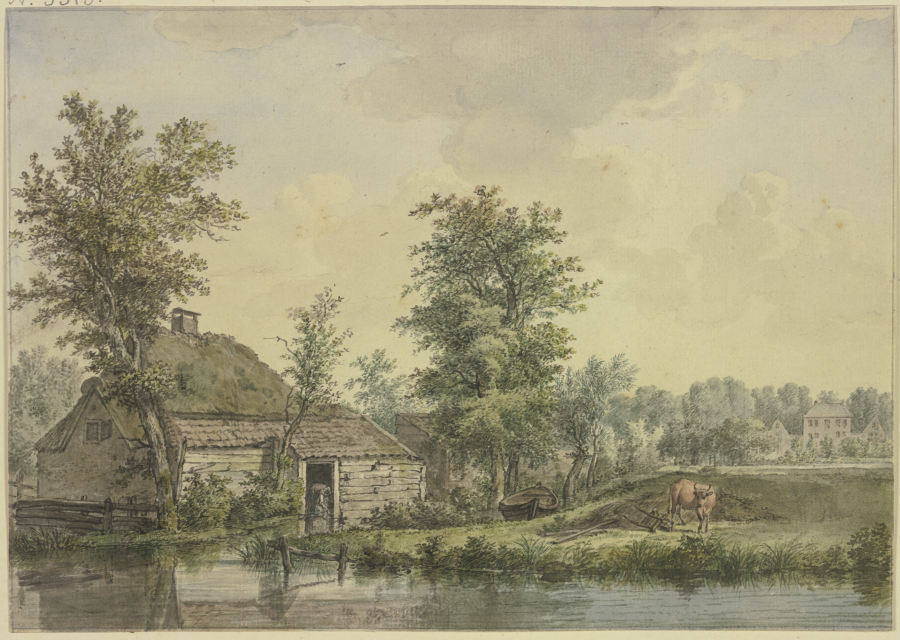 Bauernhaus am Wasser, bei einem Schubkarren eine Kuh von Jacobus van Liender