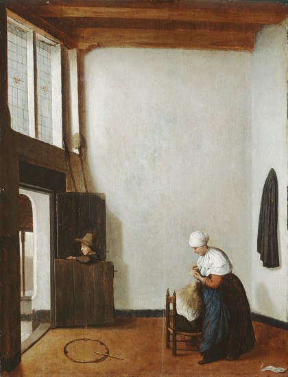 Interior with a woman combing a little girl's hair von Jacobus Vrel or Frel