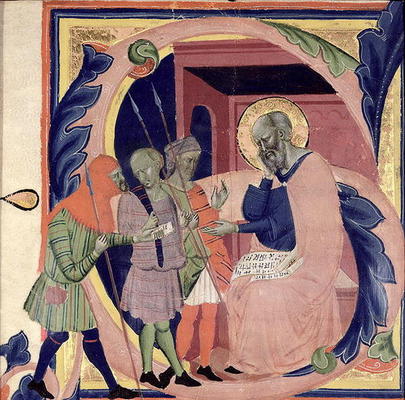 Historiated initial 'S' depicting Job receiving messengers with bad news (vellum) von Jacopo del Casentino