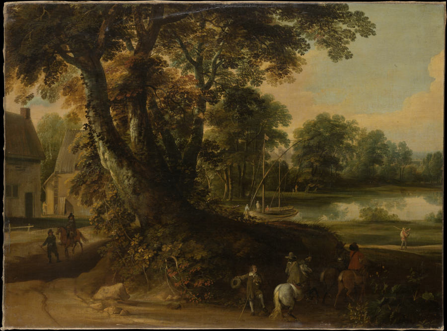 Landschaft mit einer Baumgruppe an einem Seeufer, vorn am Wege drei Reiter von Jacques d' Arthois