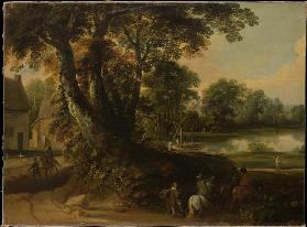 Landschaft mit einer Baumgruppe an einem Seeufer, vorn am Wege drei Reiter