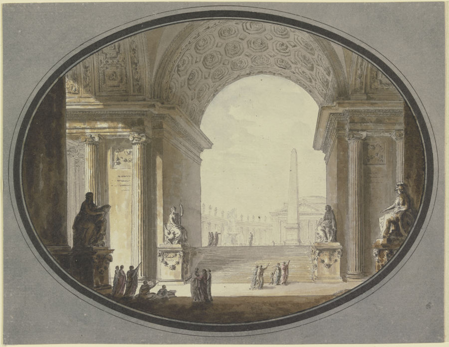 Blick durch ein kassettiertes Rundbogengewölbe auf einen dem Petersplatz in Rom nachempfundenen Plat von Jacques-François Blondel