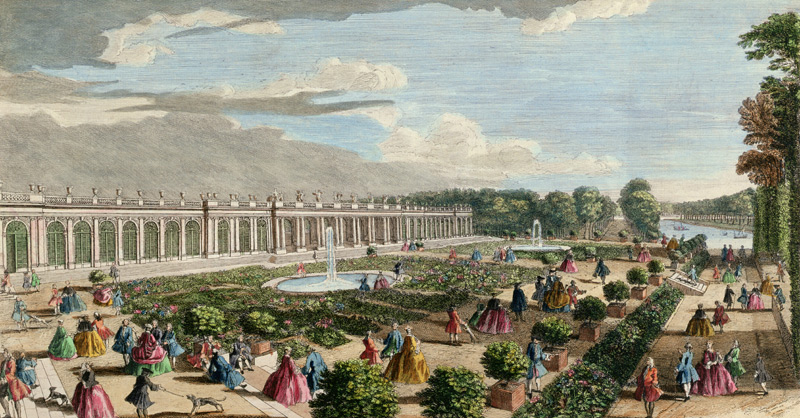 View of the Chateau de Trianon, towards the Parterre (coloured engraving) (see also 171645) von Jacques Rigaud