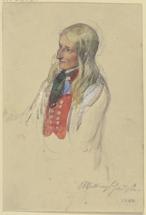 Brustbild einer jungen blonden Bäuerin in roter Weste und weißem Rock von Jakob Furchtegott Dielmann