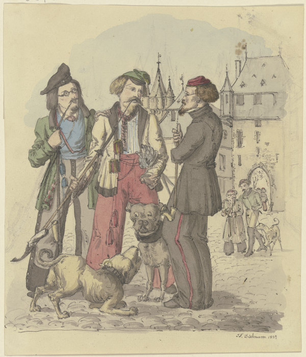 Drei rauchende Studenten mit zwei Hunden von Jakob Furchtegott Dielmann