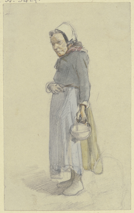 Eine alte Frau nach links gewandt, in der herabhängenden Linken ein Körbchen tragend von Jakob Furchtegott Dielmann