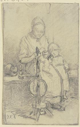 Eine Frau mit Kind und Katze beim Spinnrad sitzend
