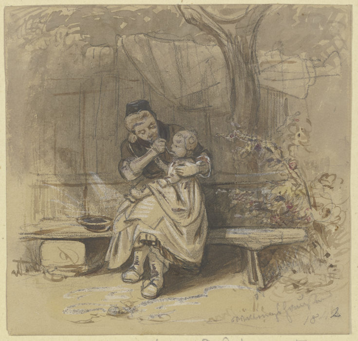 Frau, im Freien ein kleines Kind fütternd von Jakob Furchtegott Dielmann