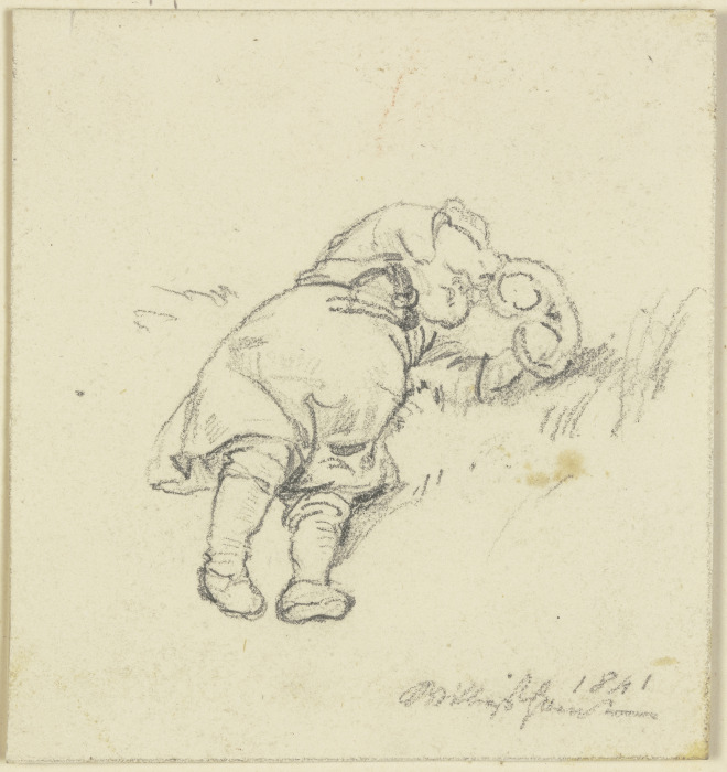 Im Gras liegendes Kind mit einer Brezel von Jakob Furchtegott Dielmann