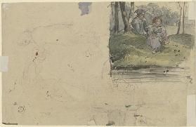 Studienblatt: Figuren und ein Mädchen mit einem Jungen im Wald sitzend