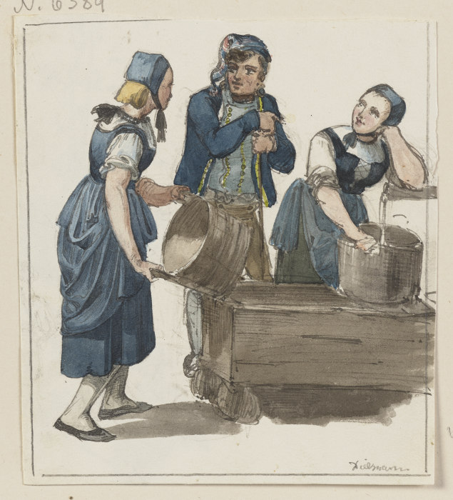 Zwei Mädchen und ein Bursche am Brunnen von Jakob Furchtegott Dielmann