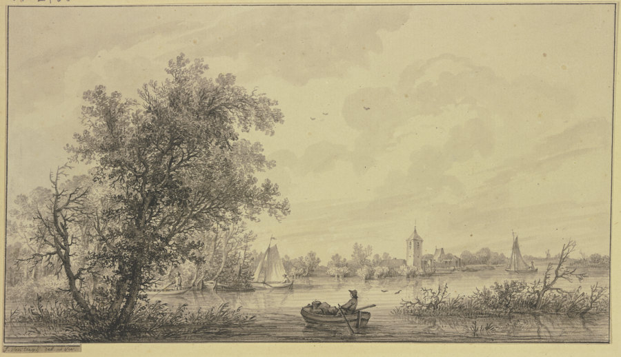 An einem von Bäumen begrenzten Fluß ein Dorf mit Turm, mehrere Segel- und Ruderboote von Jakob Versteegs