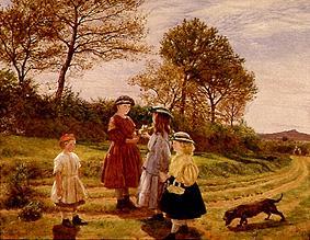Drei Mädchen in einer Sommerlandschaft beim Blumentauschen von James Archer