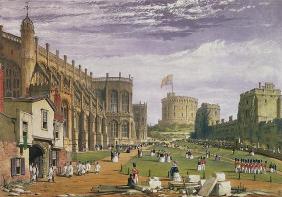 Lower Ward with a view of St George's Chapel and the Round Tower, Windsor Castle, 1838 (colour litho 1851
