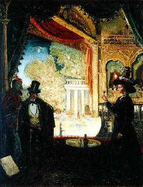 A Scene in a Theatre: A Performance Seen from a Box in which Three figures are Standing, 1908 (oil o 17th