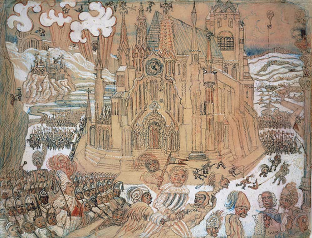 Die Kathedrale, 1892, von James Ensor (1860-1949), Pastell und Gouache auf Papier, 22x29 cm. Belgien von James Ensor
