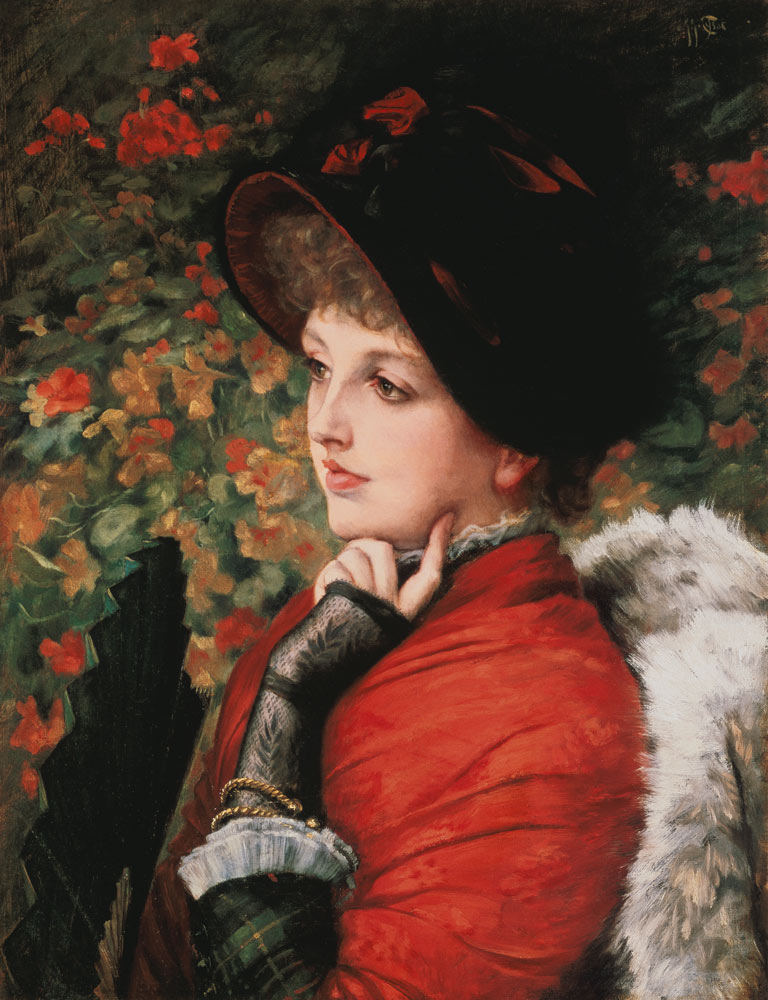 Bildnis der Kathleen Newton in rotem Kleid und schwarzer Kappe von James Jacques Tissot